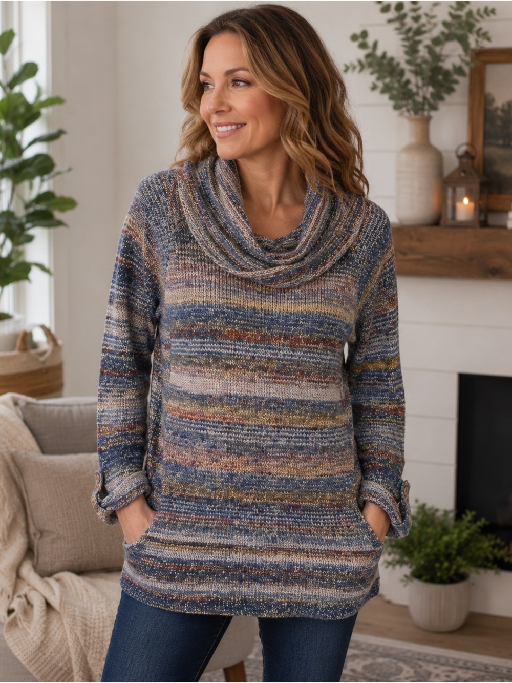 Jillian Nicole Cowl Neck Sweater Womens LP Blue Brown Space Dye Marled Knit